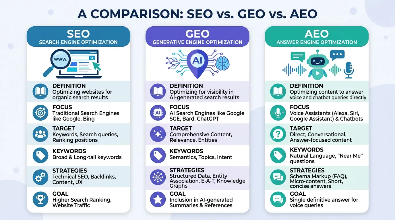 SEO vs GEO vs AEO: What's the Difference and Which One Matters?